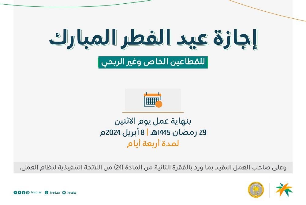 «الموارد»: 4 أيام مدة إجازة عيد الفطر للقطاعين الخاص وغير الربحي