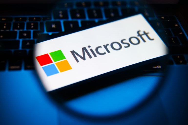 Microsoft logo is screened on a mobile phone for illustration photo. Krakow, Poland on April 9th, 2024 (Photo by Beata Zawrzel/NurPhoto via Getty Images)