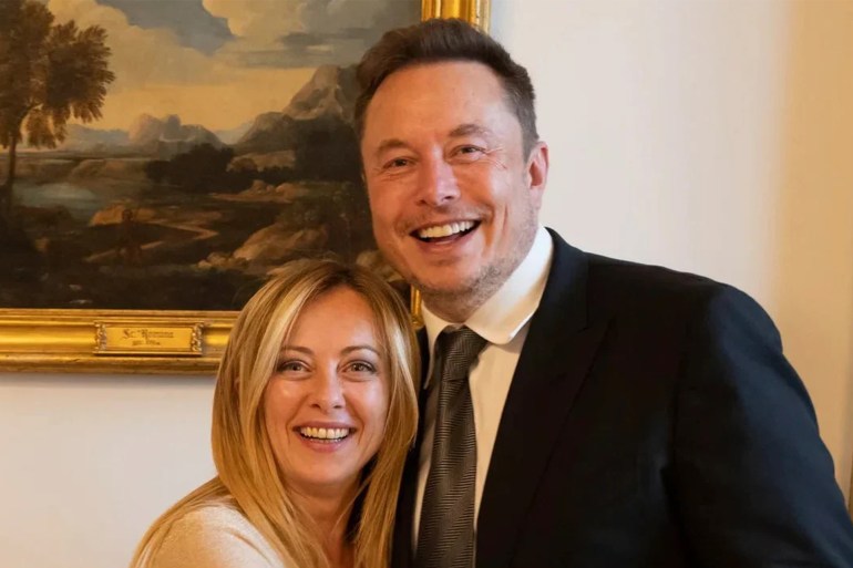 A photo of Georgia Meloni and Elon Musk at an event in September had gone viral. الصورة من حساب JL_PROULXعلى X