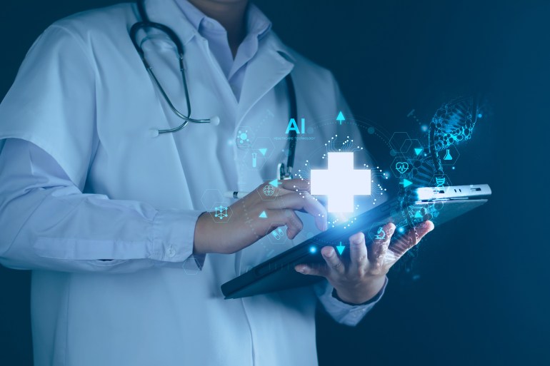 Medical technology, doctor use AI robots for diagnosis, care, and increasing accuracy patient treatment in future. Medical research and development innovation technology to improve patient health.