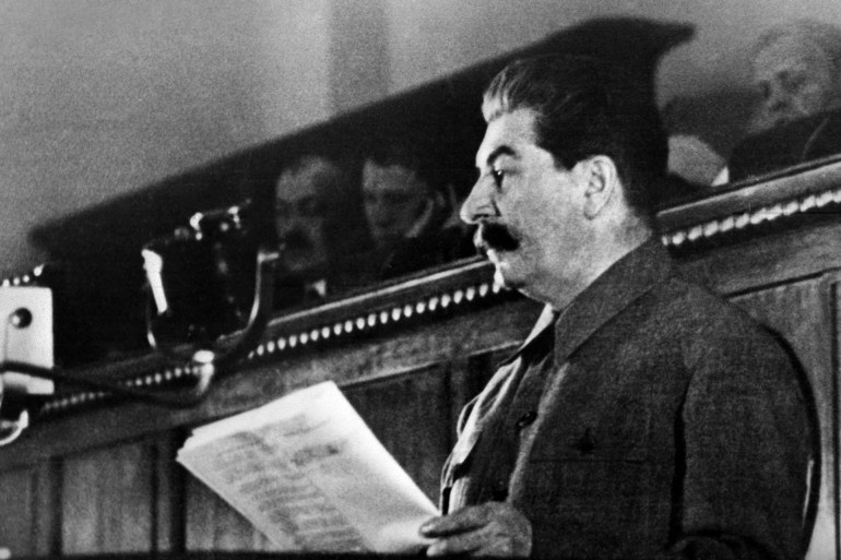 A picture taken in Moscow on December 5, 1936, at the Congress of Soviets, shows General Secretary of the PCUS Joseph Stalin giving a speech during the debates about the vote of the new Constitution of the USSR also known as the "Stalin" constitution. (Photo by SNEP / AFP)