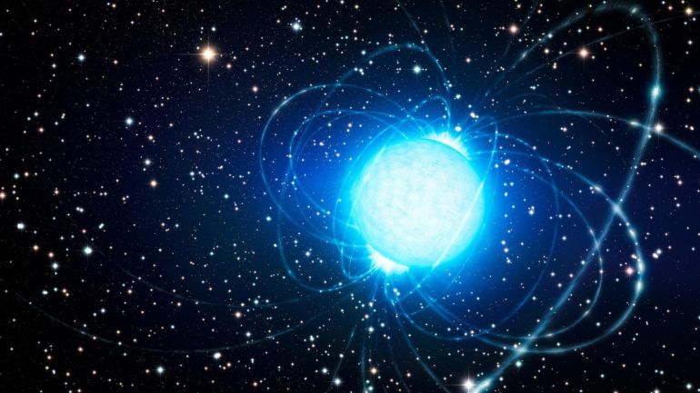 A undated handout image, made available by the European Southern Observatory, ESO, on 14 May 2014 showing an artistâs impression of the magnetar in the very rich and young star cluster Westerlund 1. This remarkable cluster contains hundreds of very massive stars, some shining with a brilliance of almost one million suns. European astronomers have for the first time demonstrated that this magnetar â an unusual type of neutron star with an extremely strong magnetic f