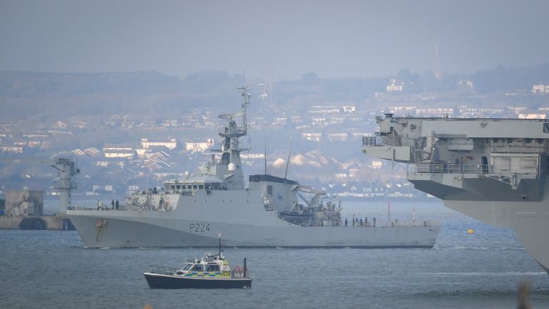 PORTSMOUTH, ENGLAND - DECEMBER 31: HMS Trent leaves Portsmouth on December 31, 2020 in Portsmouth, England. Naval vessels have been patrolling the waters off the UK's Southern Coast in the lead up to Brexit. (Photo by Finnbarr Webster/Getty Images)