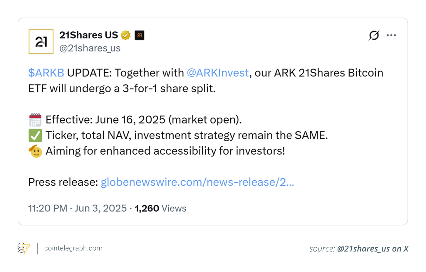 X إعلان لـ Ark 21Shares Bitcoin ETF (ARKB) مع تقسيم 3-for-1