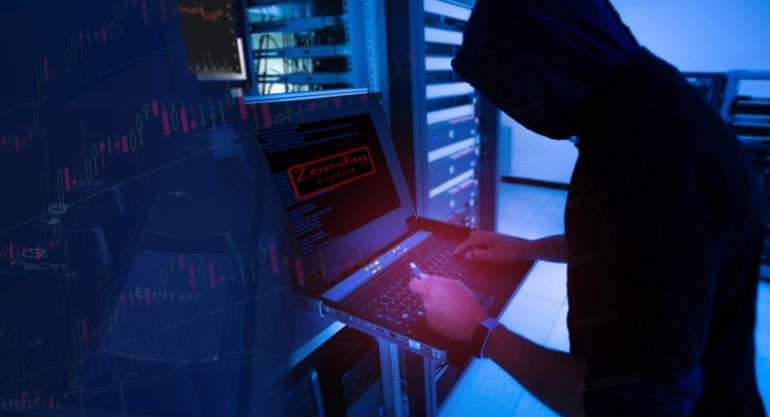 Hacker will hacking and steal data in the server room of technology data center and "Zero day exploit" on display of computer