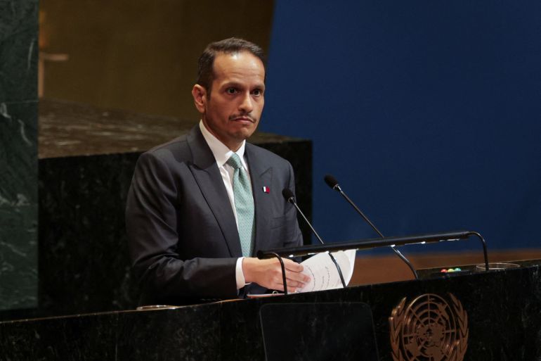 Qatar's Prime Minister and Minister for Foreign Affairs Sheikh Mohammed bin Abdulrahman bin Jassim Al-Thani speaks during a High-level International Conference for the Peaceful Settlement of the Question of Palestine and the Implementation of the Two-State Solution at U.N. headquarters in New York City, U.S., July 28, 2025. REUTERS/Jeenah Moon