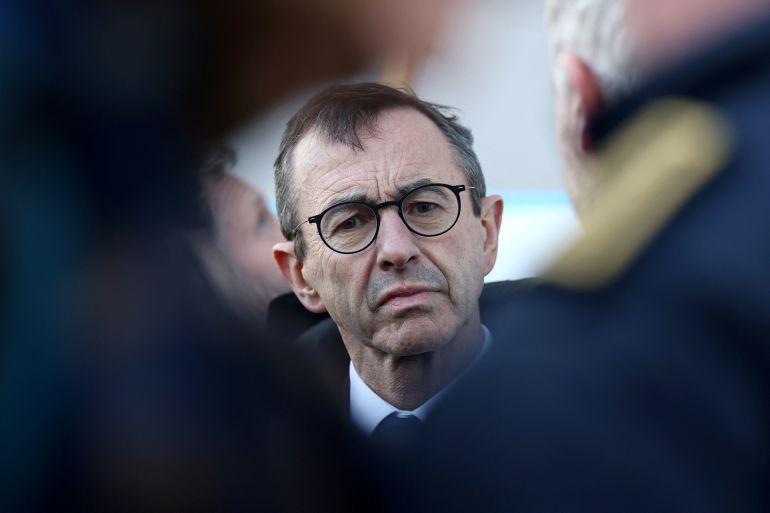 French Interior Minister Bruno Retailleau visits the Dervallieres neighbourhood in Saint-Herblain near Nantes, France, March 28, 2025. REUTERS/Stephane Mahe