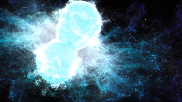 This artist’s concept visualizes a kilonova – an explosion that happens when two neutron stars or a neutron star and a black hole collide and merge. When these collisions happen, a fraction of the resulting debris is ejected as jets, which move near the speed of light. The remaining debris produces hot, glowing, neutron-rich clouds that forge heavy elements, like gold and platinum. Researchers will mine data from NASA’s Nancy Grace Roman Space Telescope, which will survey the same areas of the sky every few days, to identify kilonovae. Roman’s extensive data will help astronomers better identify how often these events occur, how much energy they give off, and how near or far they are.Credit: NASA, ESA, J. Olmsted (STScI)