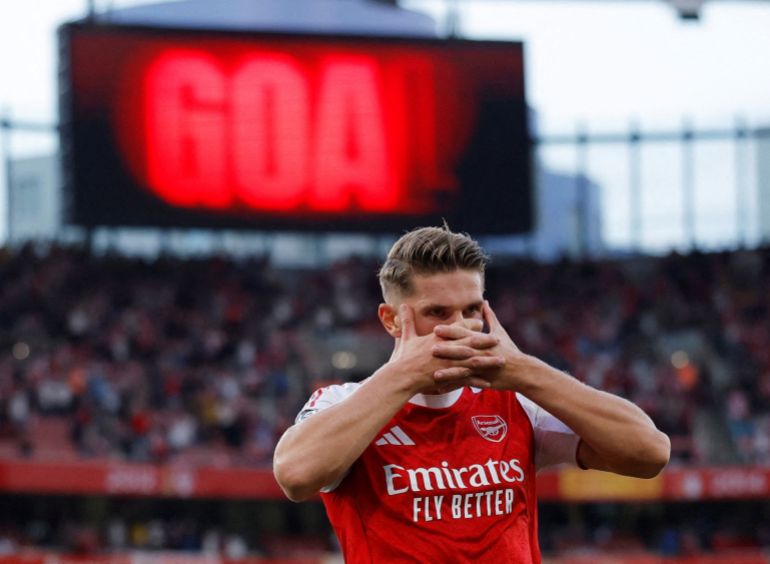 الدوري الإنجليزي الممتاز - Arsenal v Leeds United - يحتفل Arsenal من Viktor Gyokeres بتسجيل هدفهم الخامس